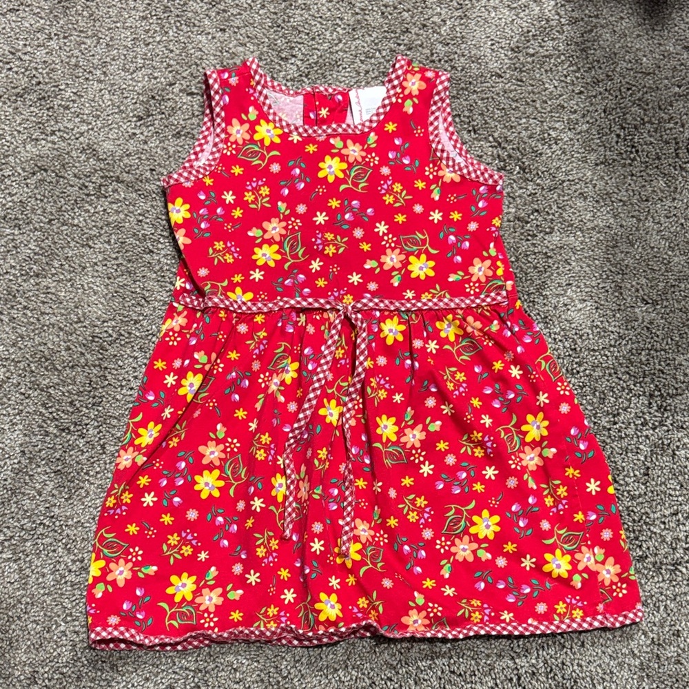 Hanna Andersson Red Floral Dress Sleeveless Size 3T Gingham Trim